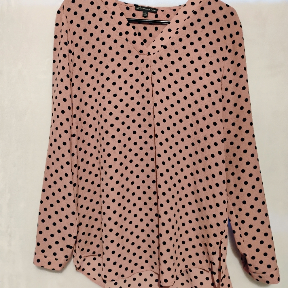 Adrianna Papell Pink Black Polka Dots Long Sleeve V-Neck Blouse Womens Sz Large
